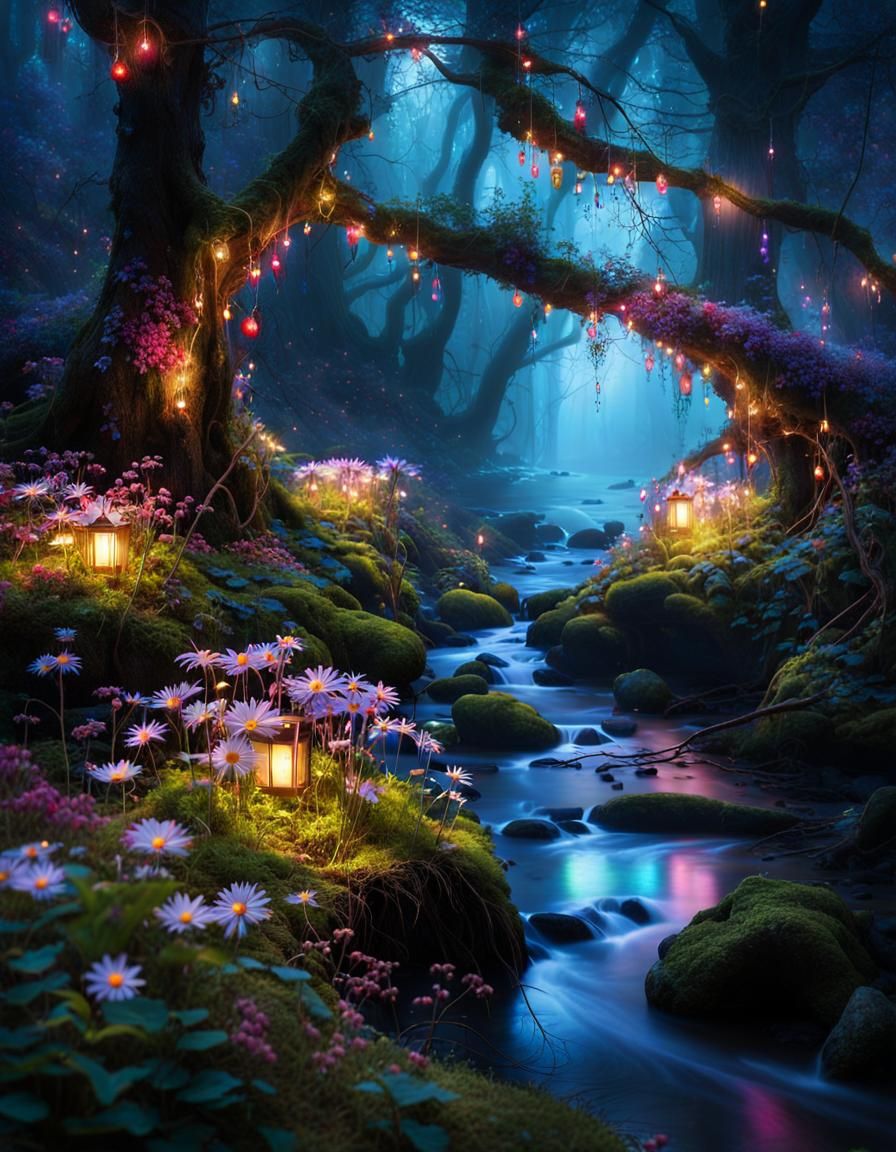 Enchanting Witch Forest Glade with Bioluminescent River