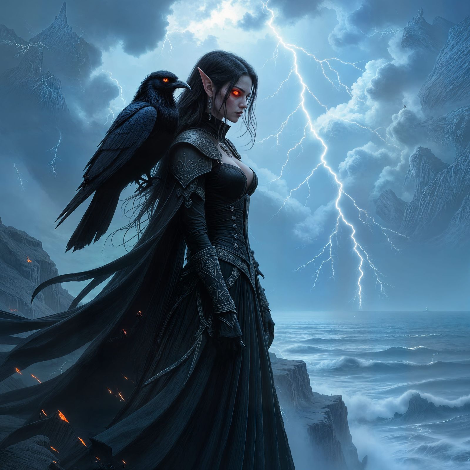 Gothic Elf on Cliff Overlooking Stormy Sea
