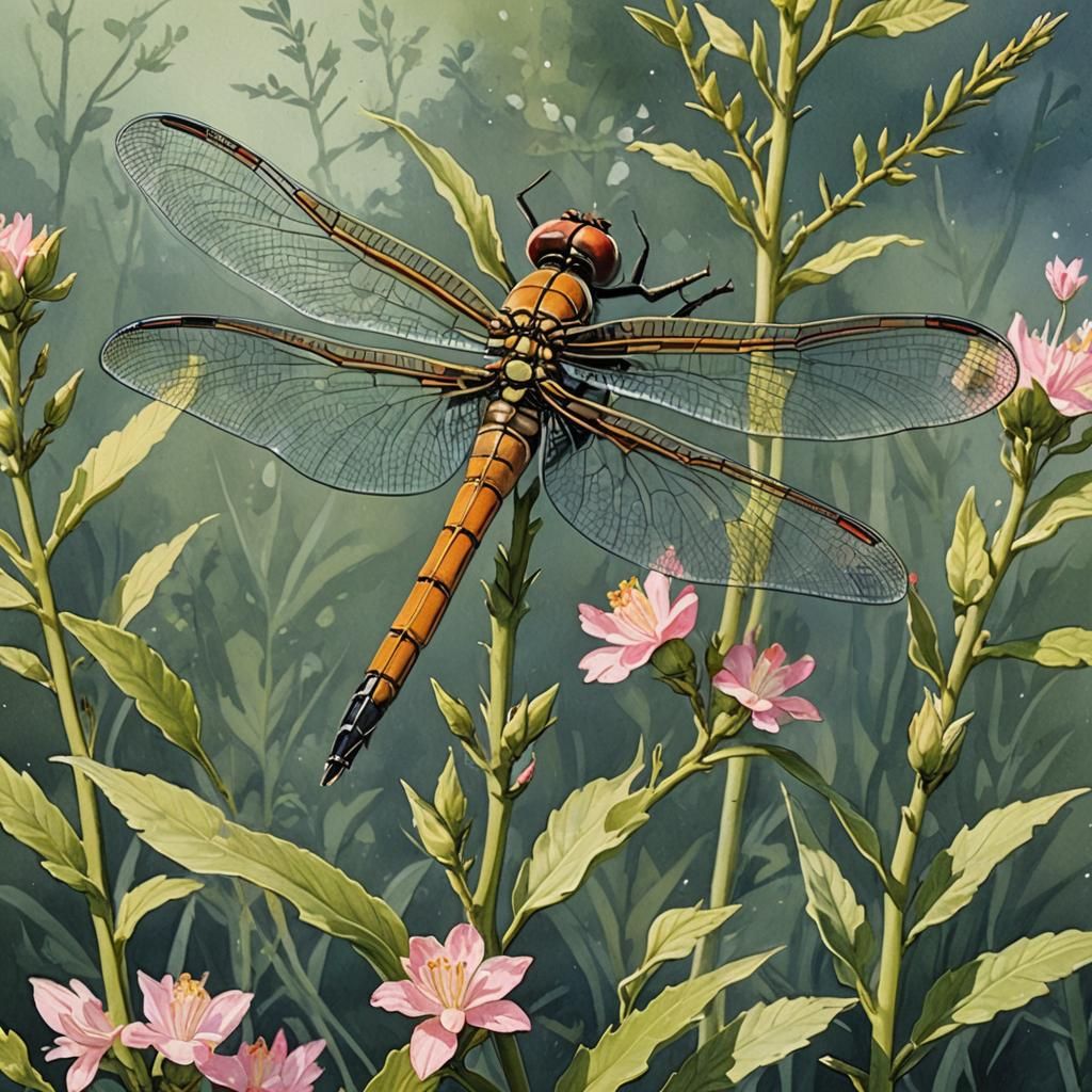 Detailed Gouache Painting of a Snapdragon Dragonfly