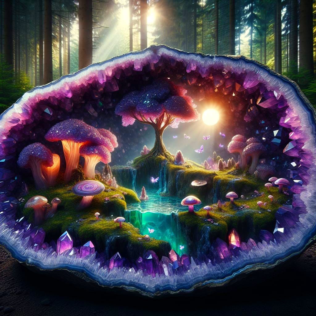 Mystical Amethyst Geode with Enchanted Forest
