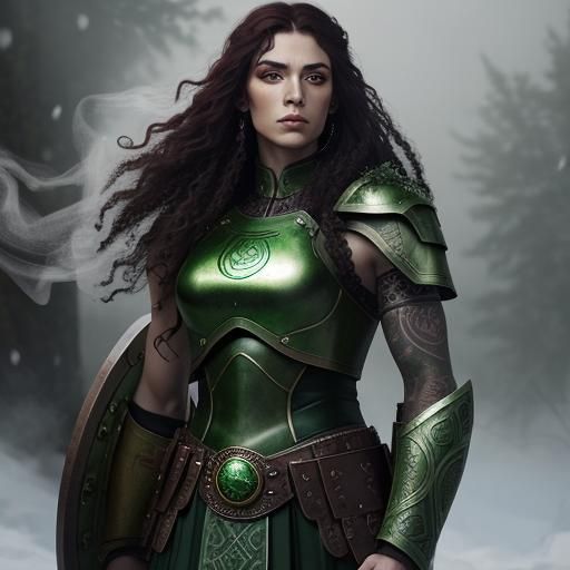 Celtic tattooed female warrior. Green eyes and extremely long curly hair and shield. Green mood. Chiaroscuro soft blende...