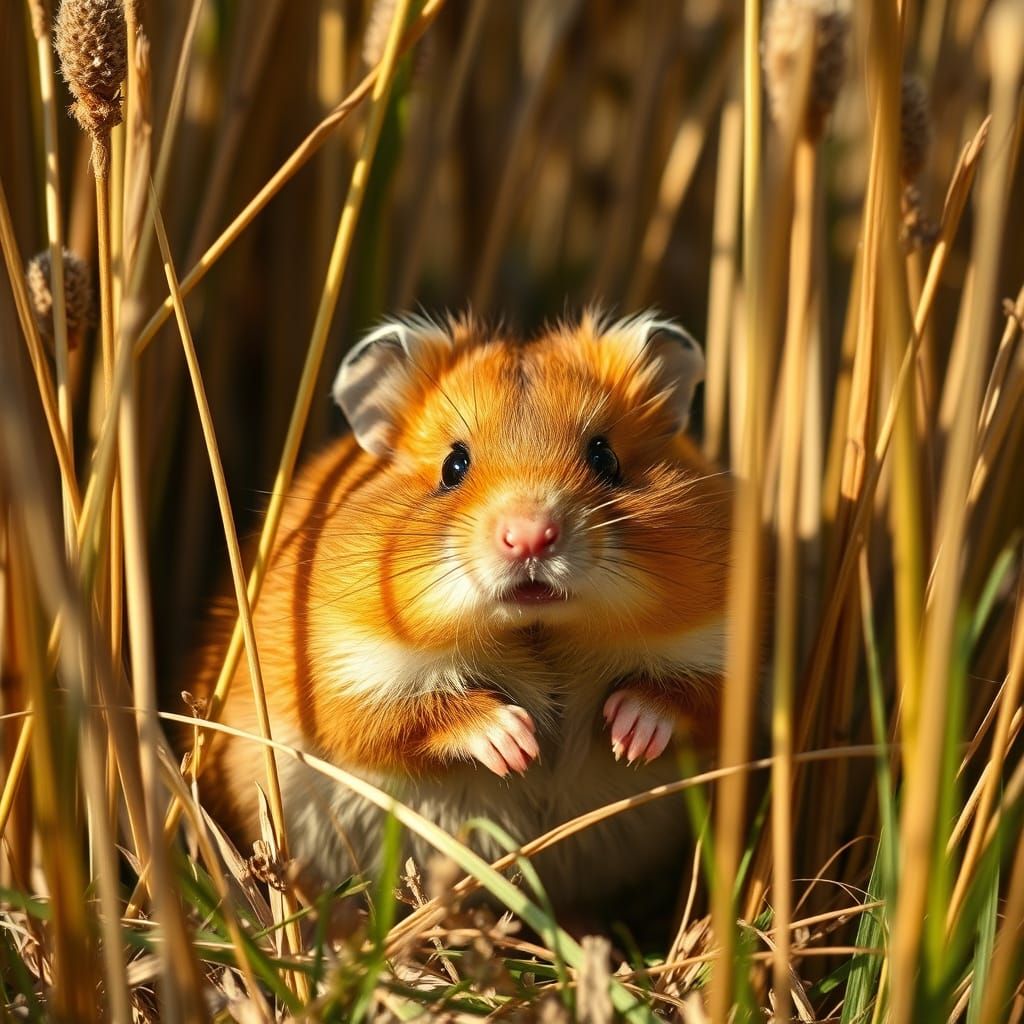 Golden Hamster Emerges from Sun-Drenched Field