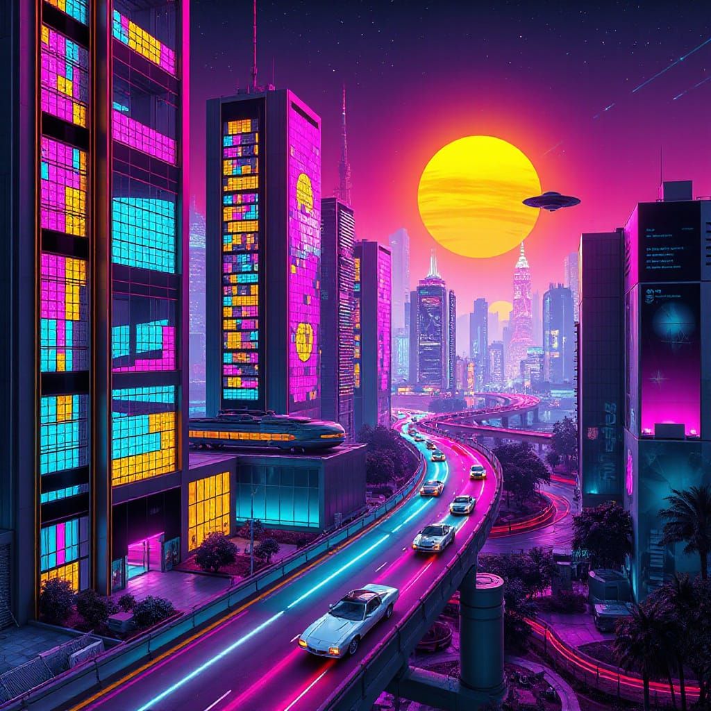Neon Cyberpunk Cityscape at Night in Graphic Art Style