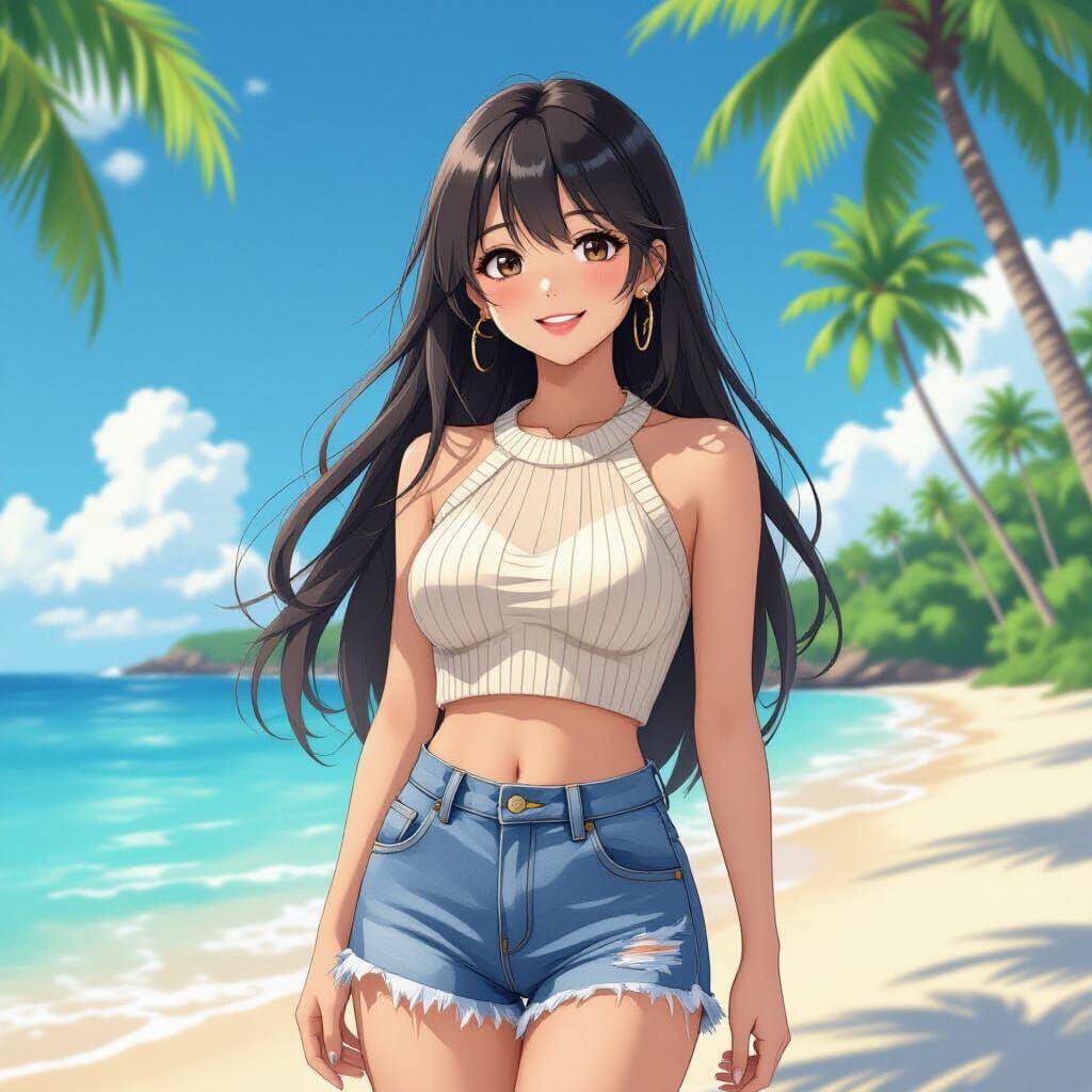 Petite Woman on Tropical Beach in Anime Style