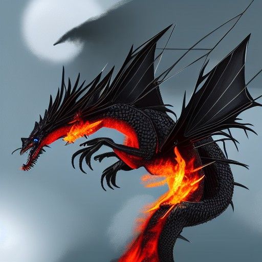 Black Dragon Inflight Spitting Fire in Digital Painting