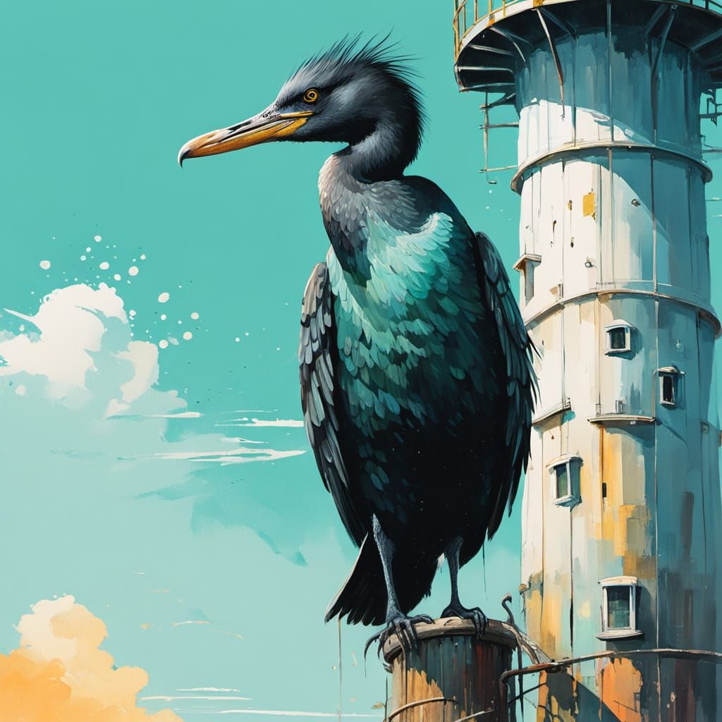 Cormorant on Lighthouse Gouache Painting