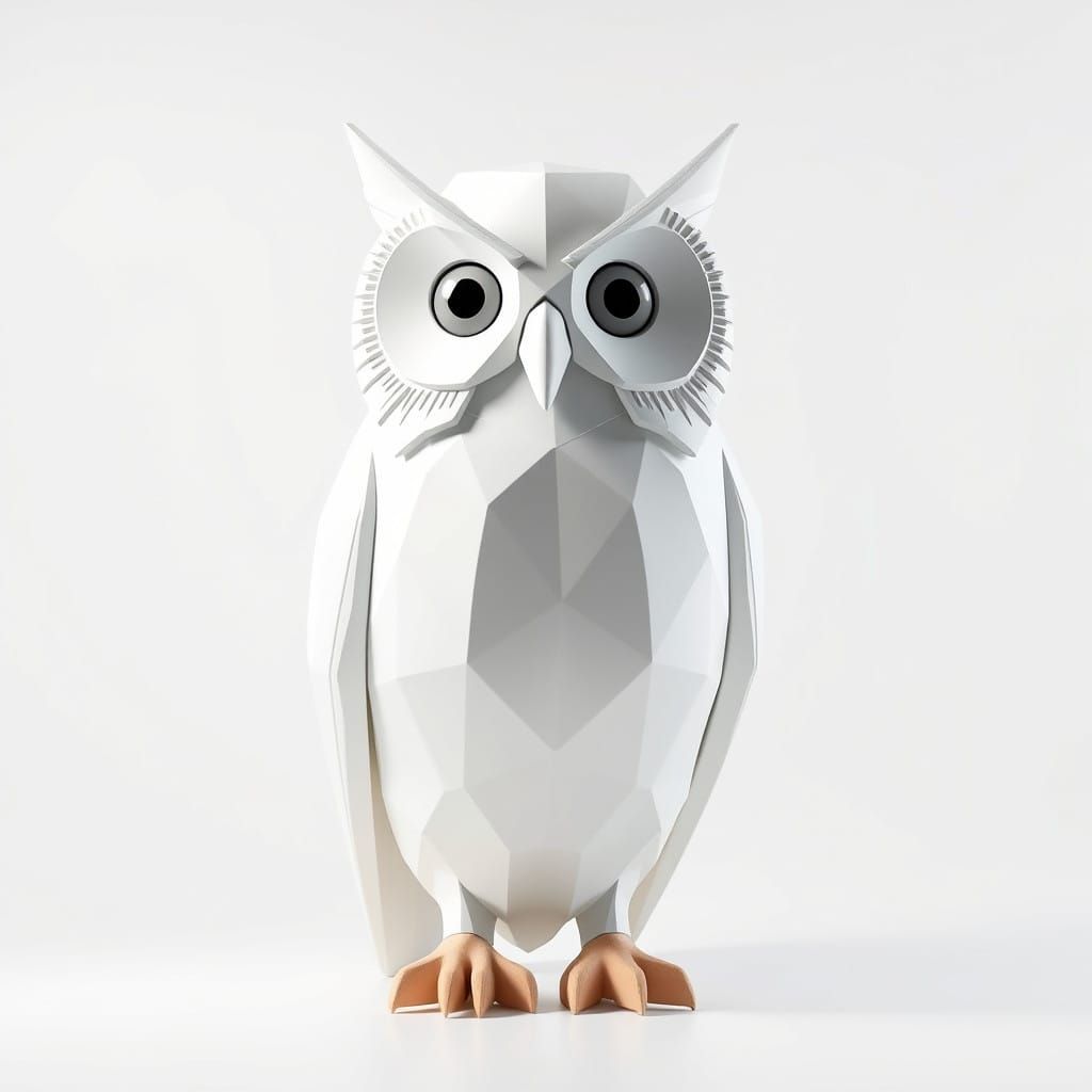 Low-poly owl sculpture in matte white finish, on light background