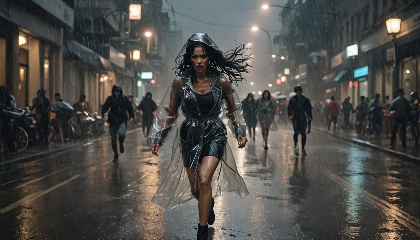 Crying Woman Flees Through Rainy City at Night