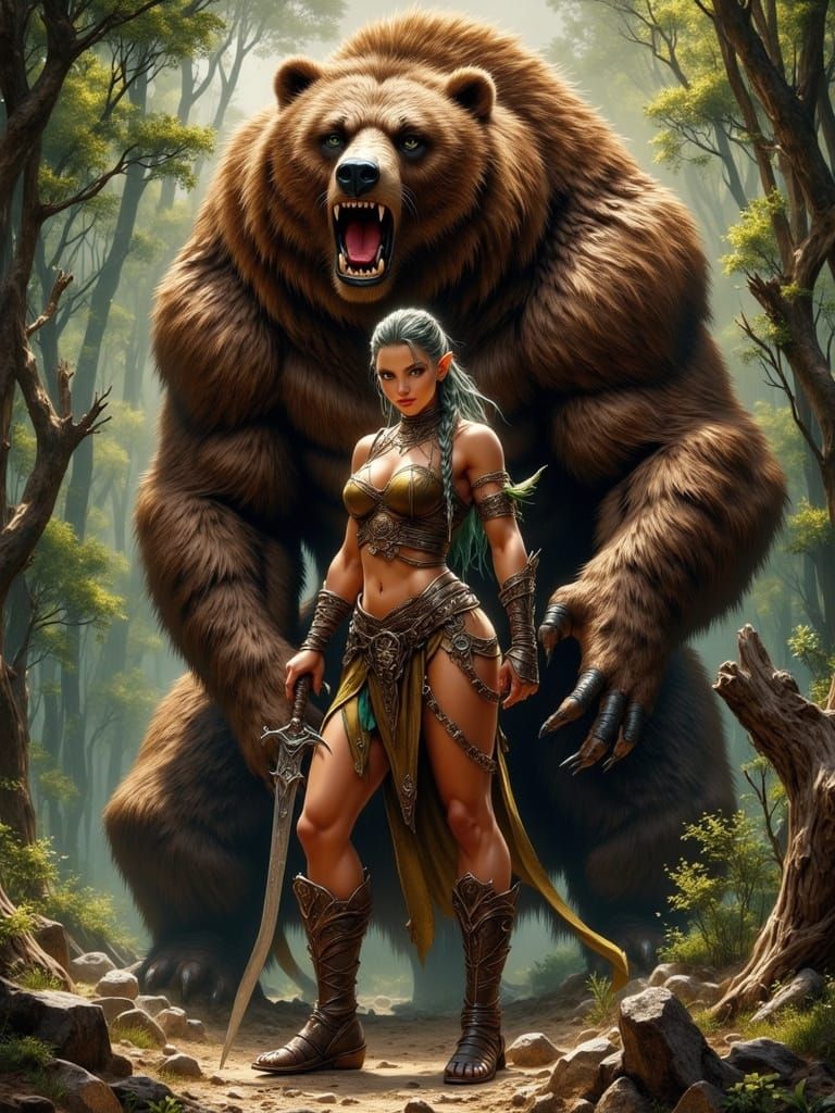 Warrior Elf Woman and Bear in Mythic Fantasy Landscape