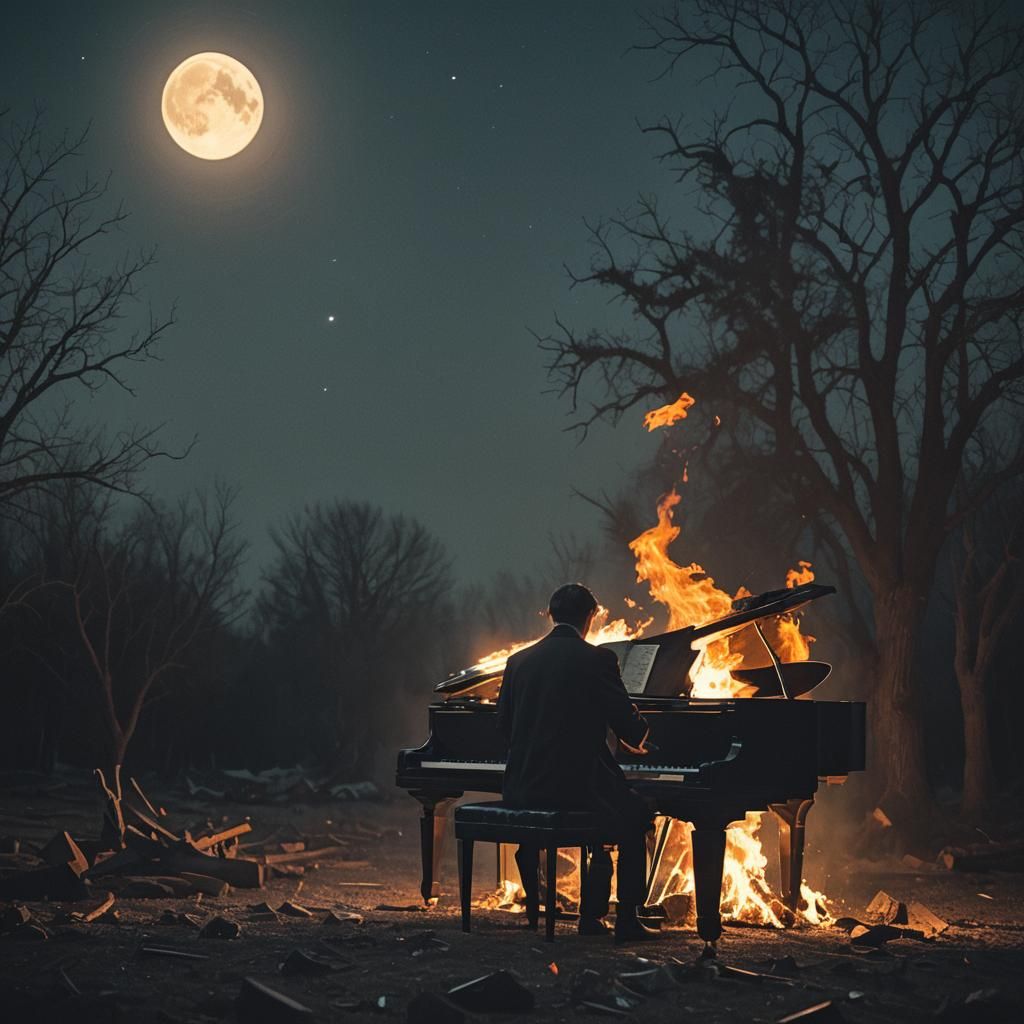 Melancholic Musician Plays Piano in Fiery Darkness