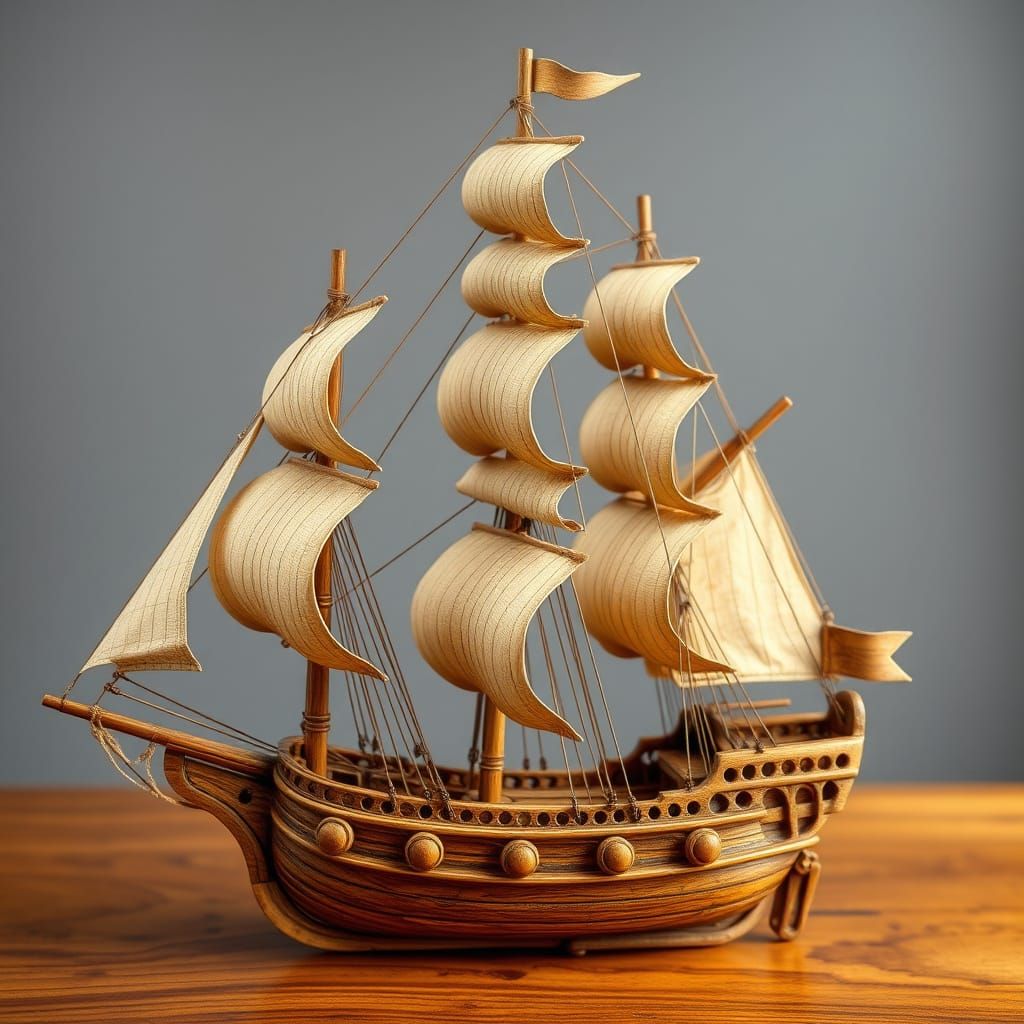Detailed Wooden Sailing Ship Sculpture