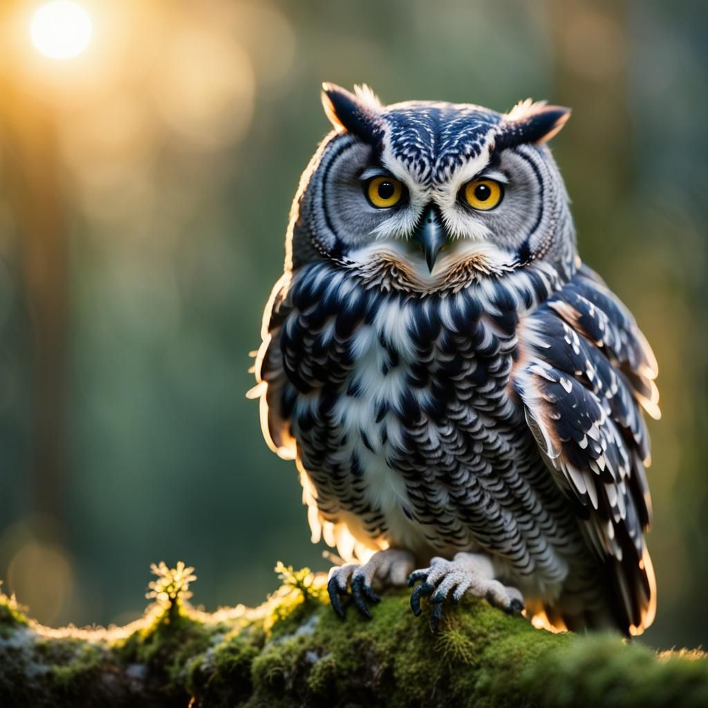 Blue Owl on Mossy Branch at Sunrise