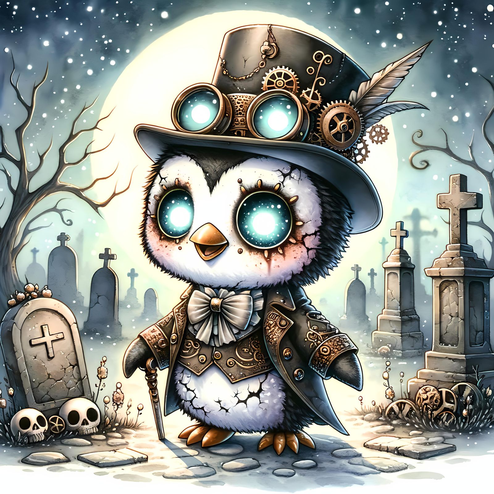 Steampunk Undead Penguin in Graveyard Watercolor