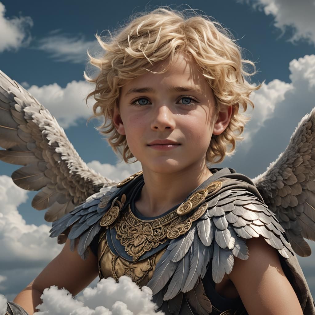 Boy as Hermes on Clouds in Cinematic Style