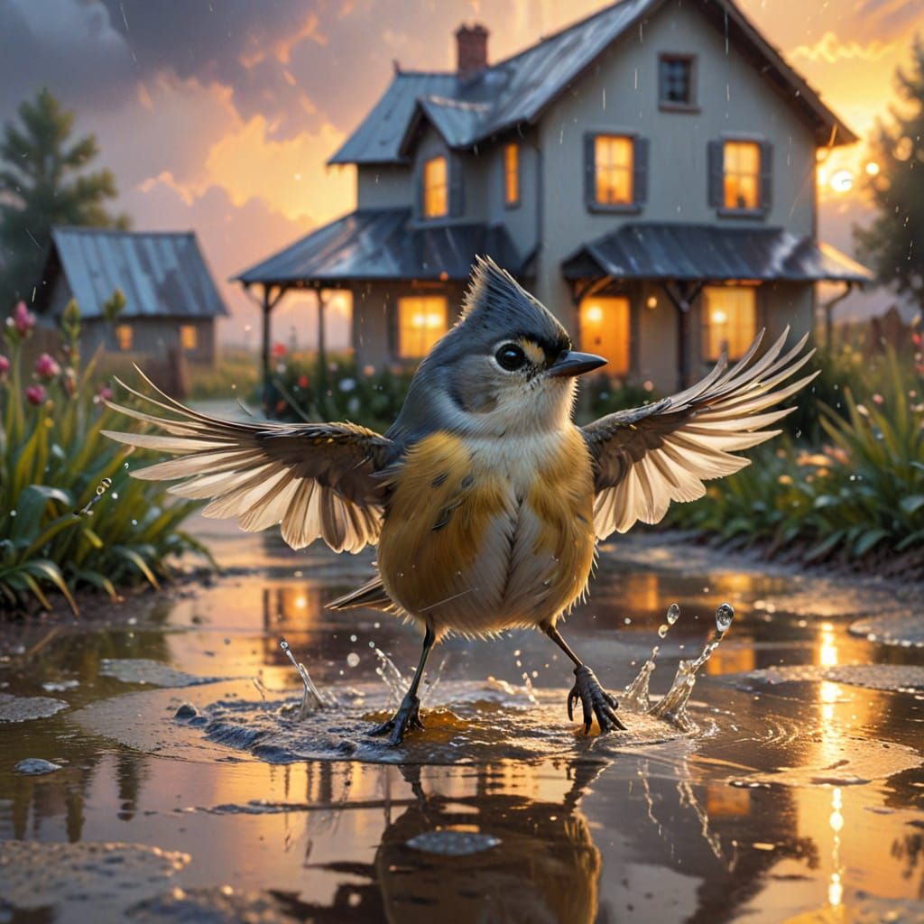 Titmouse Splashing on a Rainy Summer Evening