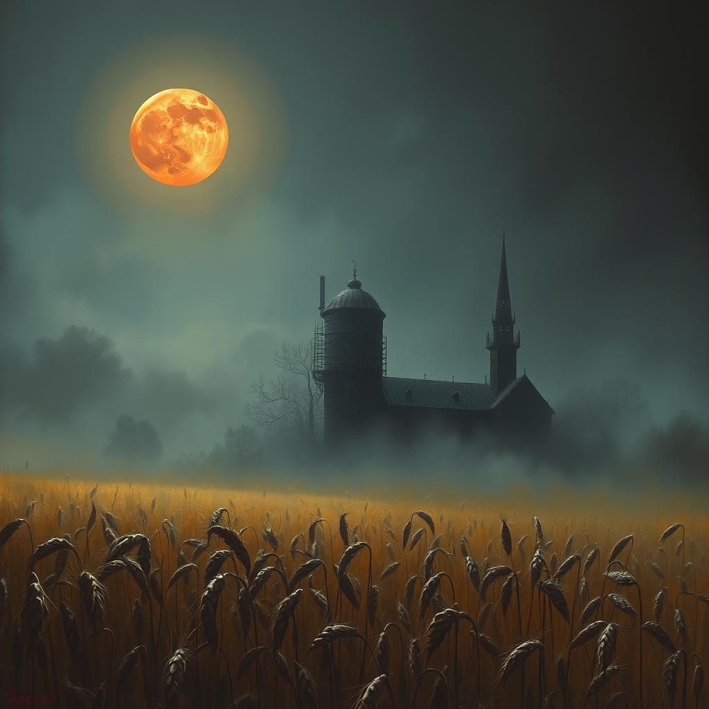 Sinister Blood Moon Over Wheat Field, Fantasy Art