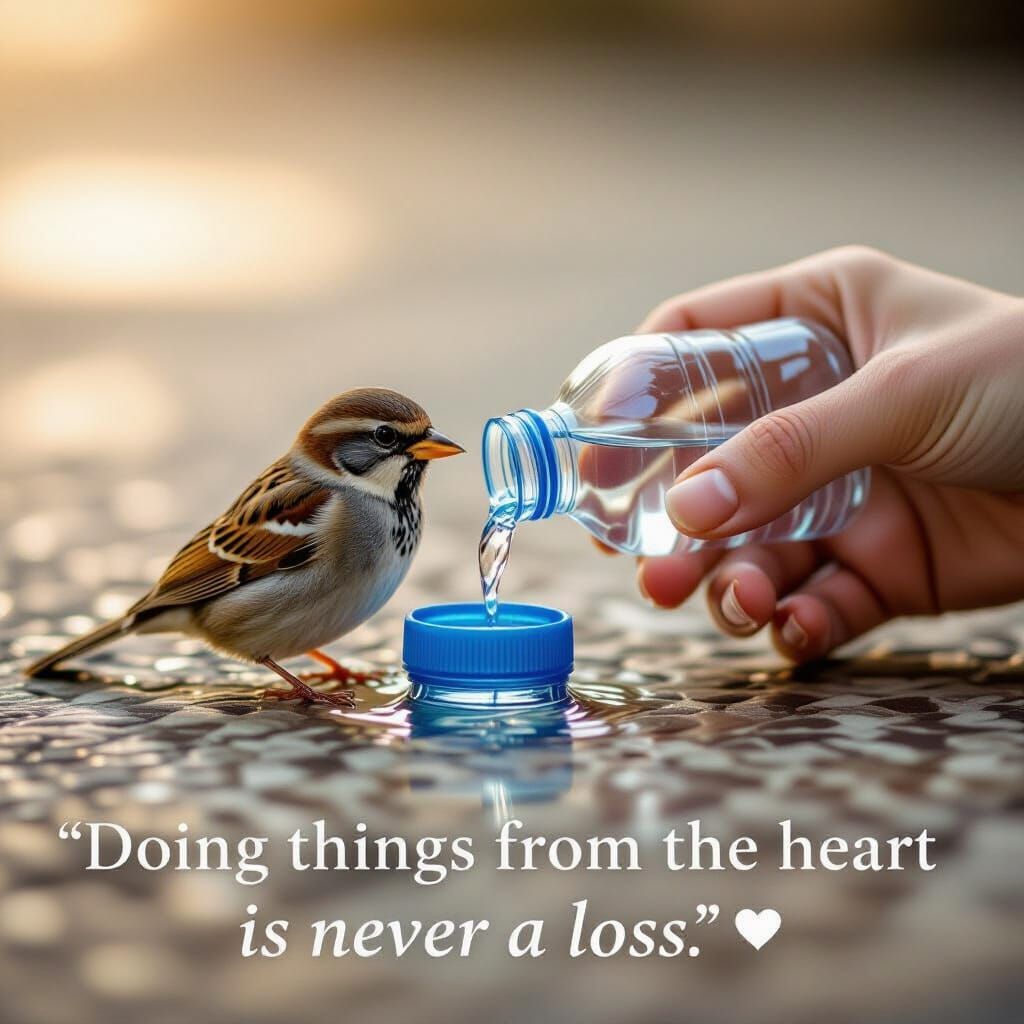 Sparrow Drinks From Hand in Touching Photo