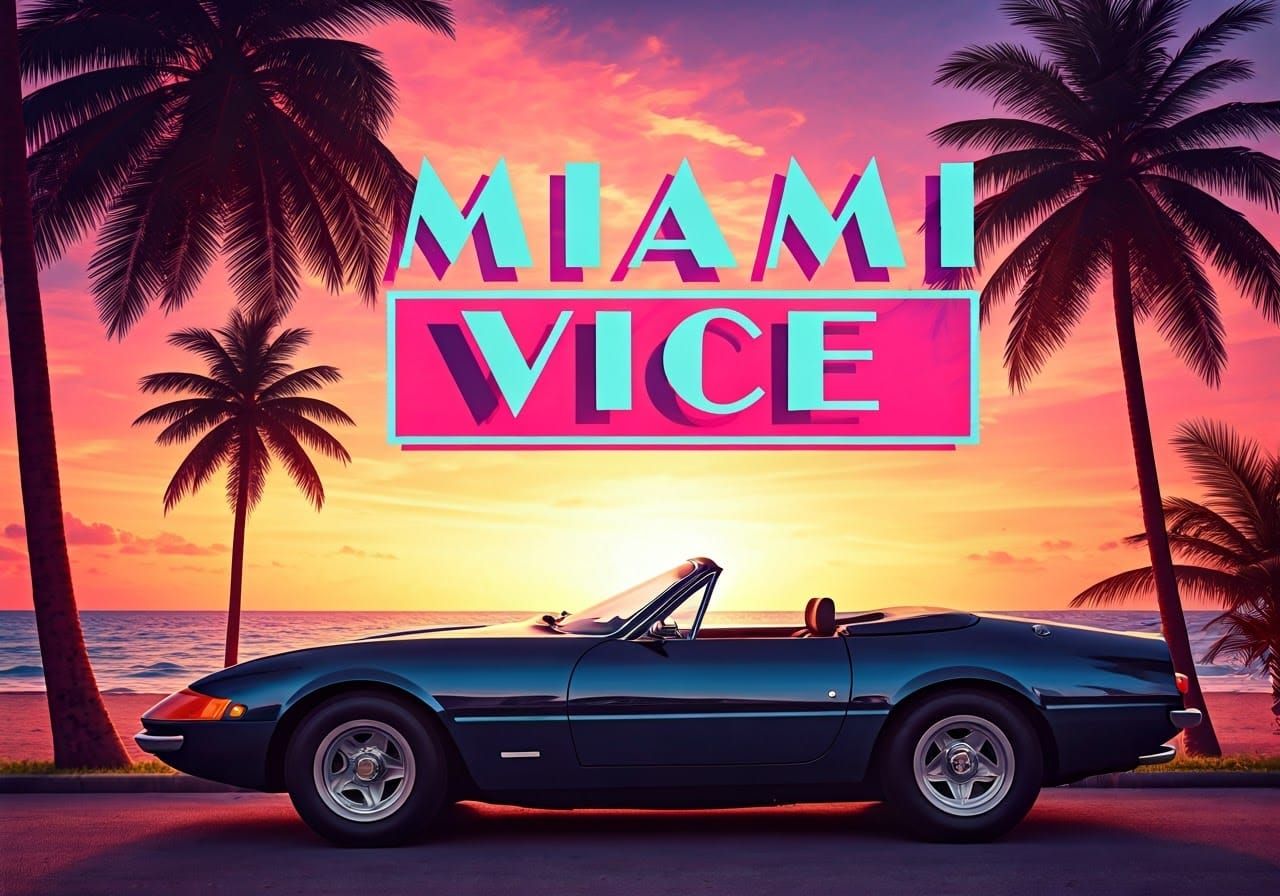 Miami Vice Inspired Sunset Landscape, Watercolor Style