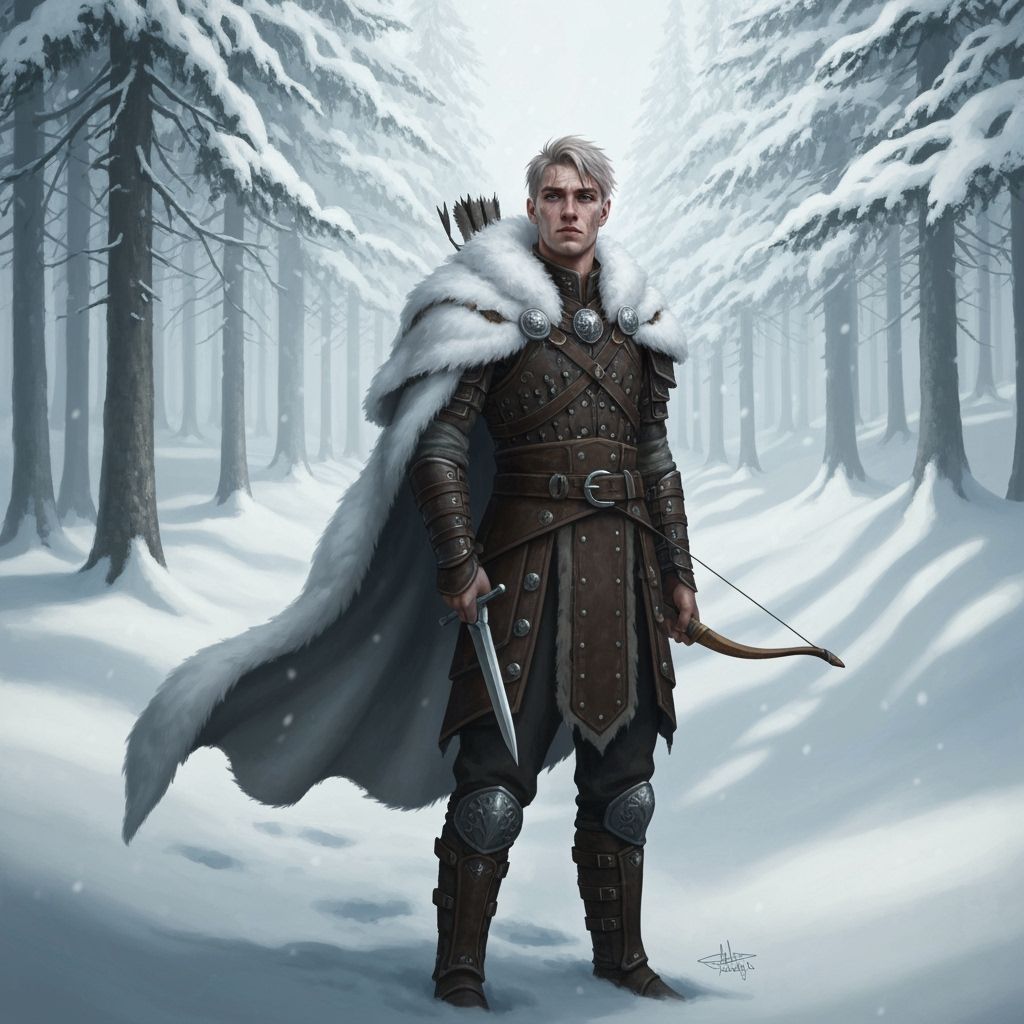 Neutral Shifter Ranger in Snowy Forest, Fantasy Art