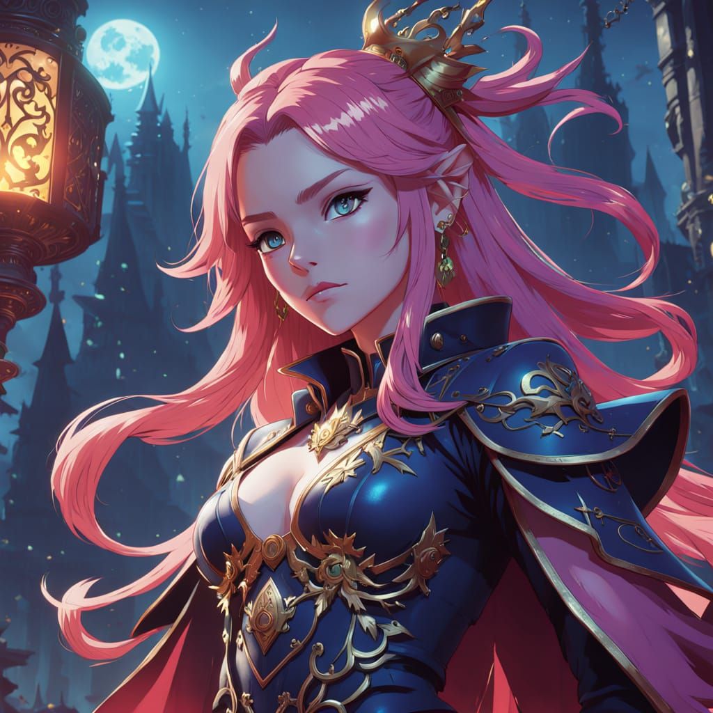 Surreal Dark Fantasy Goddess with Radiant Pink Hair and Gold...