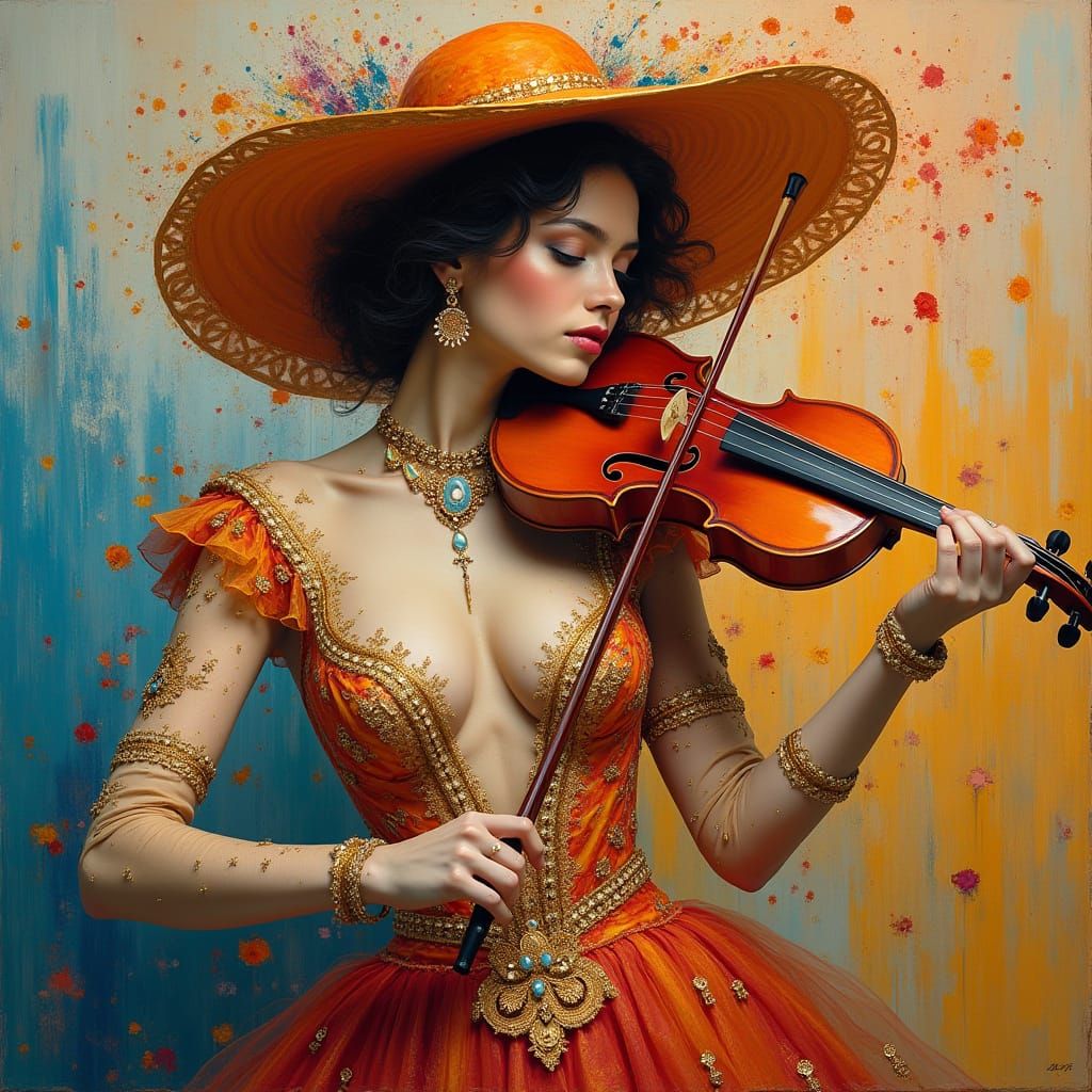 Woman with Violin in Klimt-Inspired Portrait