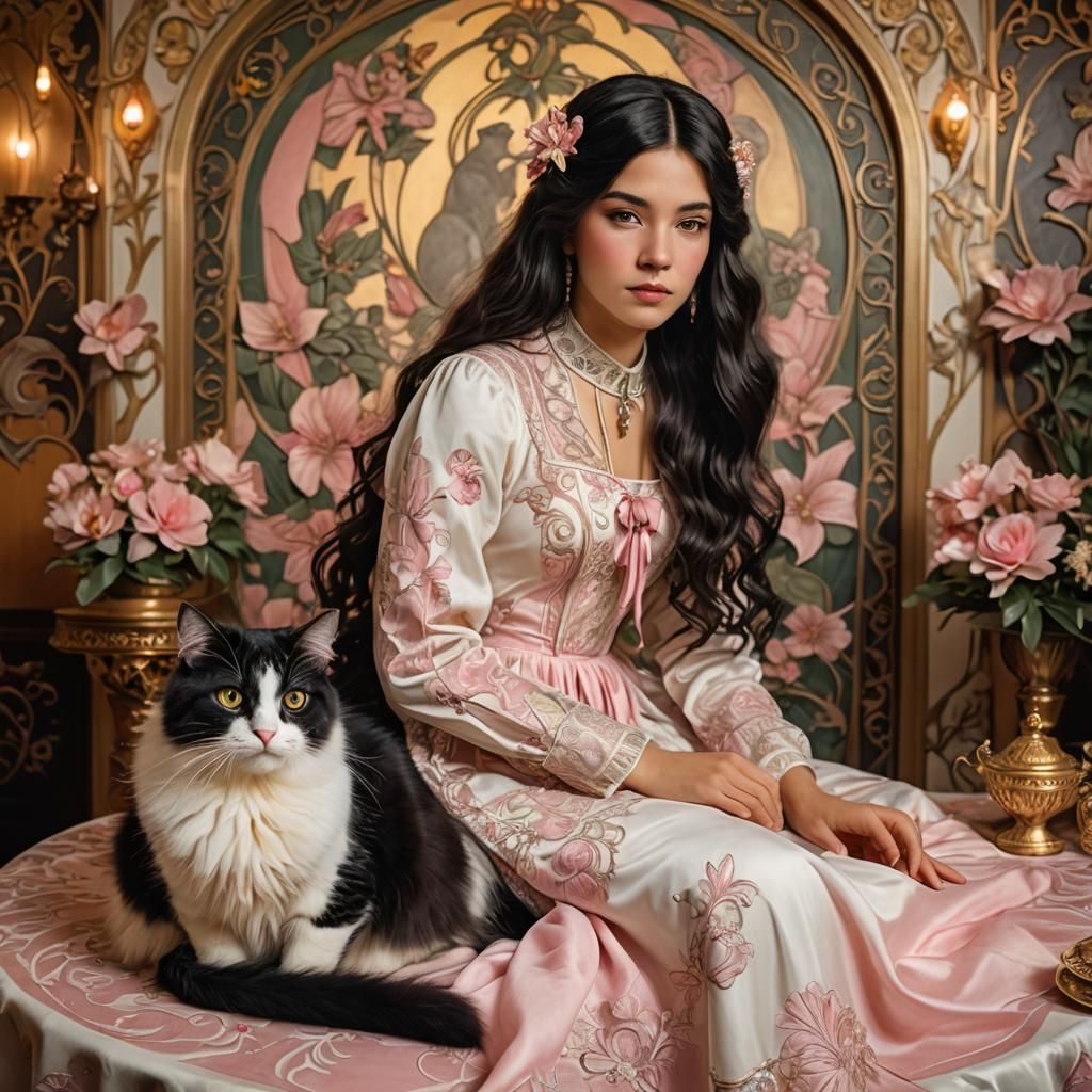 Art Nouveau Girl with Cat at Christmas