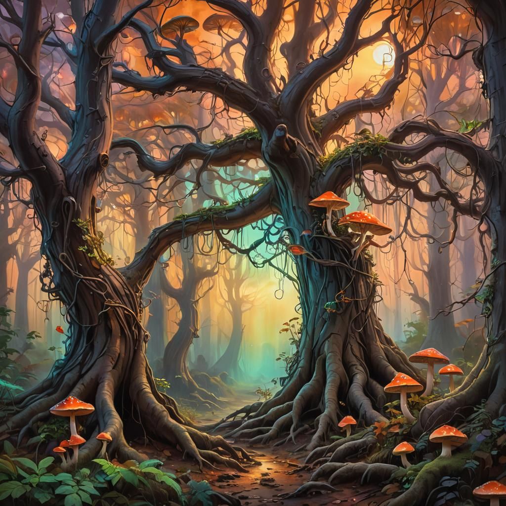 Enchanted Mushroom Forest at Sunset: An Oil Painting