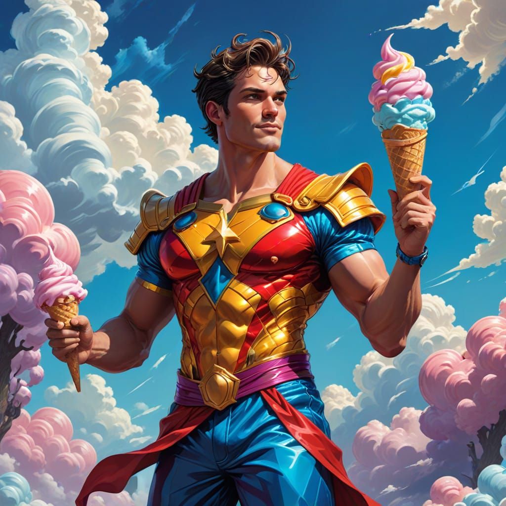 Vibrant Hero Holds Up Towering Soft Serve Ice Cream in a Bri...