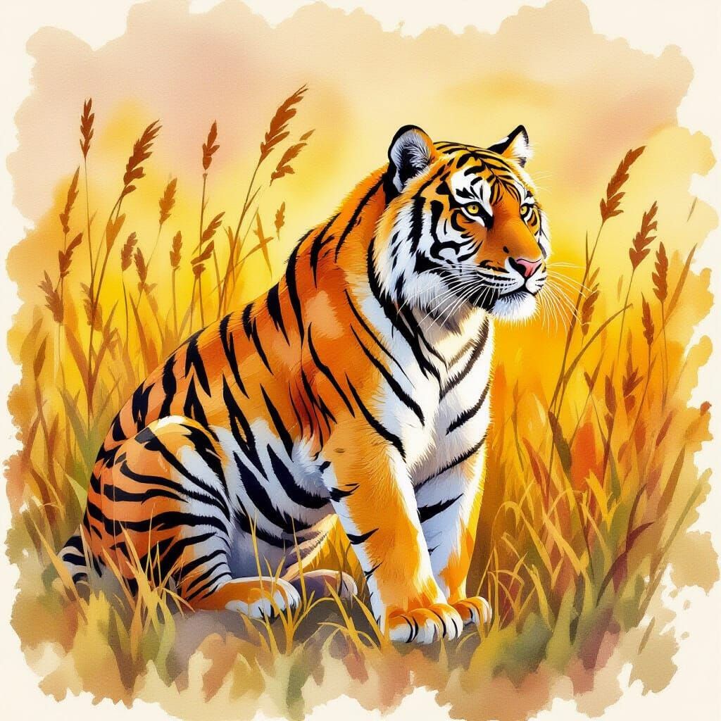 Bengal Tiger Stalking in Golden Grass Watercolor Painting