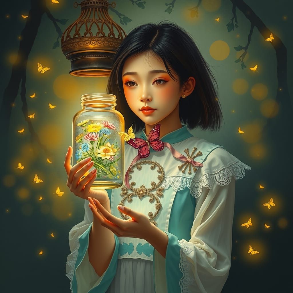 Woman with Firefly Jar: Dreamy Digital Painting