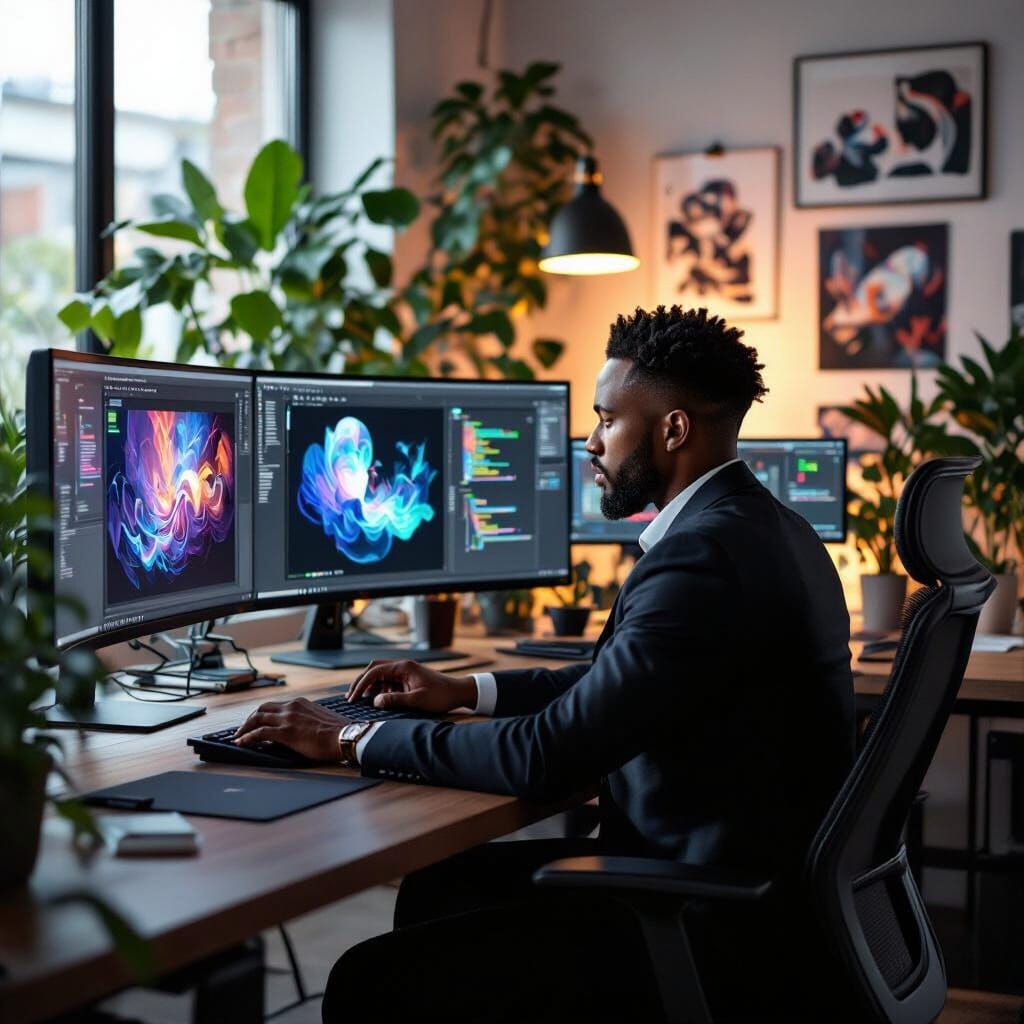 Graphic Designer at Modern Desk in Detailed Matte Style