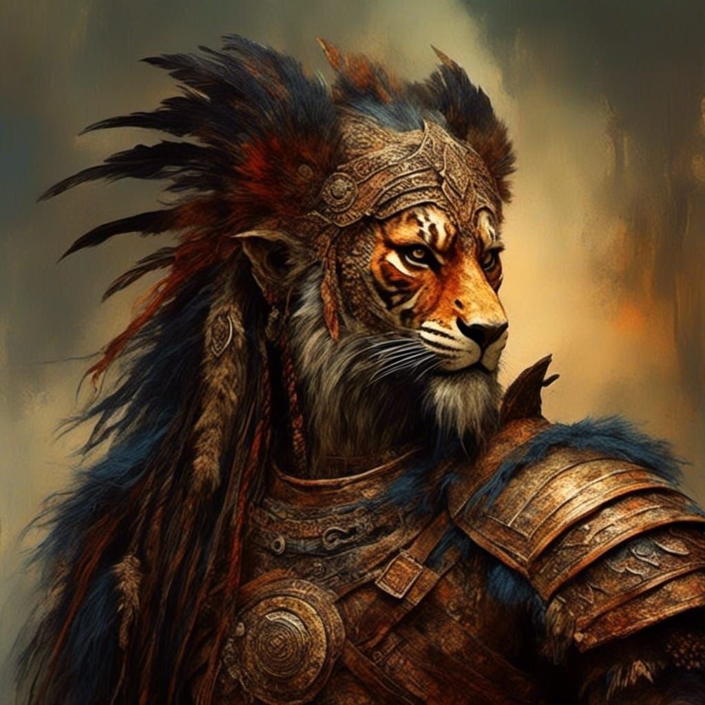 Animal Warrior Portrait in Pyrography Style