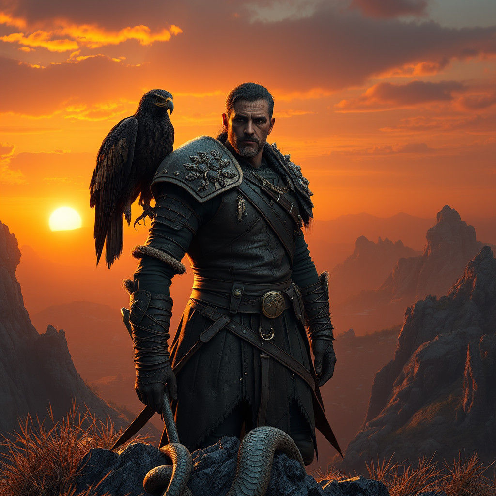 Warrior with Eagle and Snake at Sunset