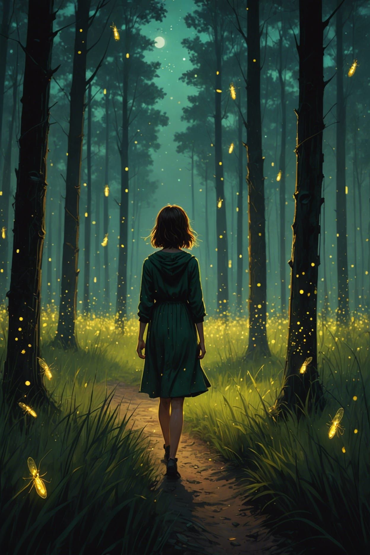 Lonely Girl Walks Forest Lit by Fireflies