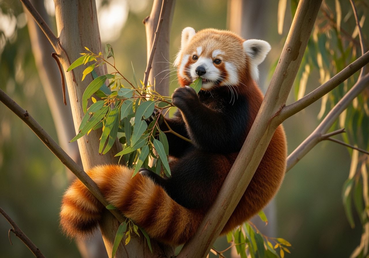 Cute Red Panda in Eucalyptus Tree