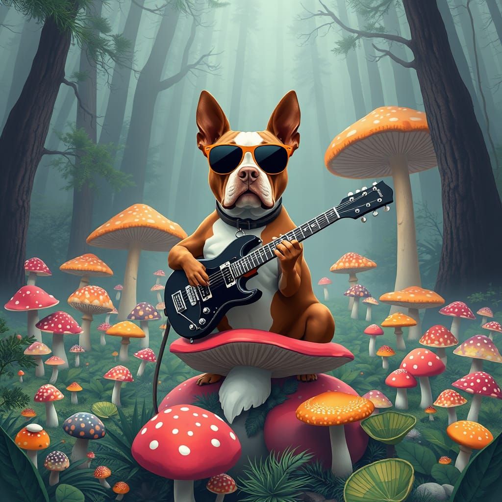 Pittbull Rockstar Sits on a Colorful Mushroom in a Misty For...