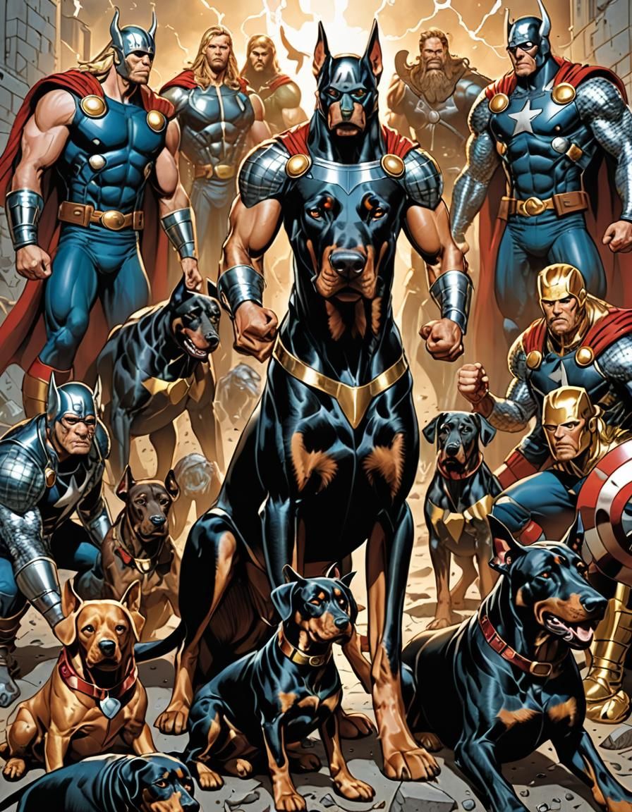A Doberman is Thor, the God of Thunder, seen with the rest of  Marvel Avenger characters