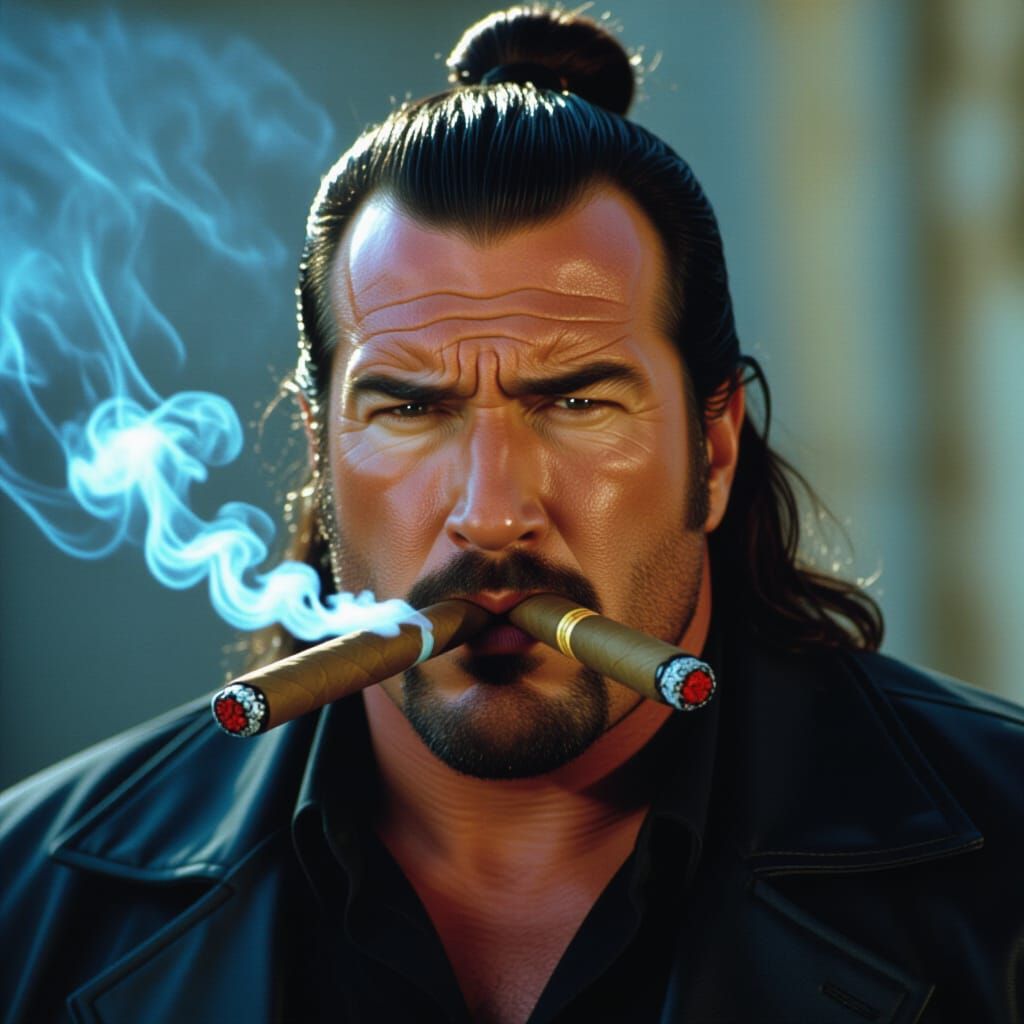 Steven Seagal Smoking Four Cigars in Dramatic Cinematic Stil...