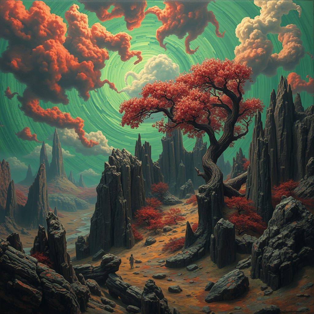 Ancient, Iridescent Planet Landscape in Eerie, Emerald Light