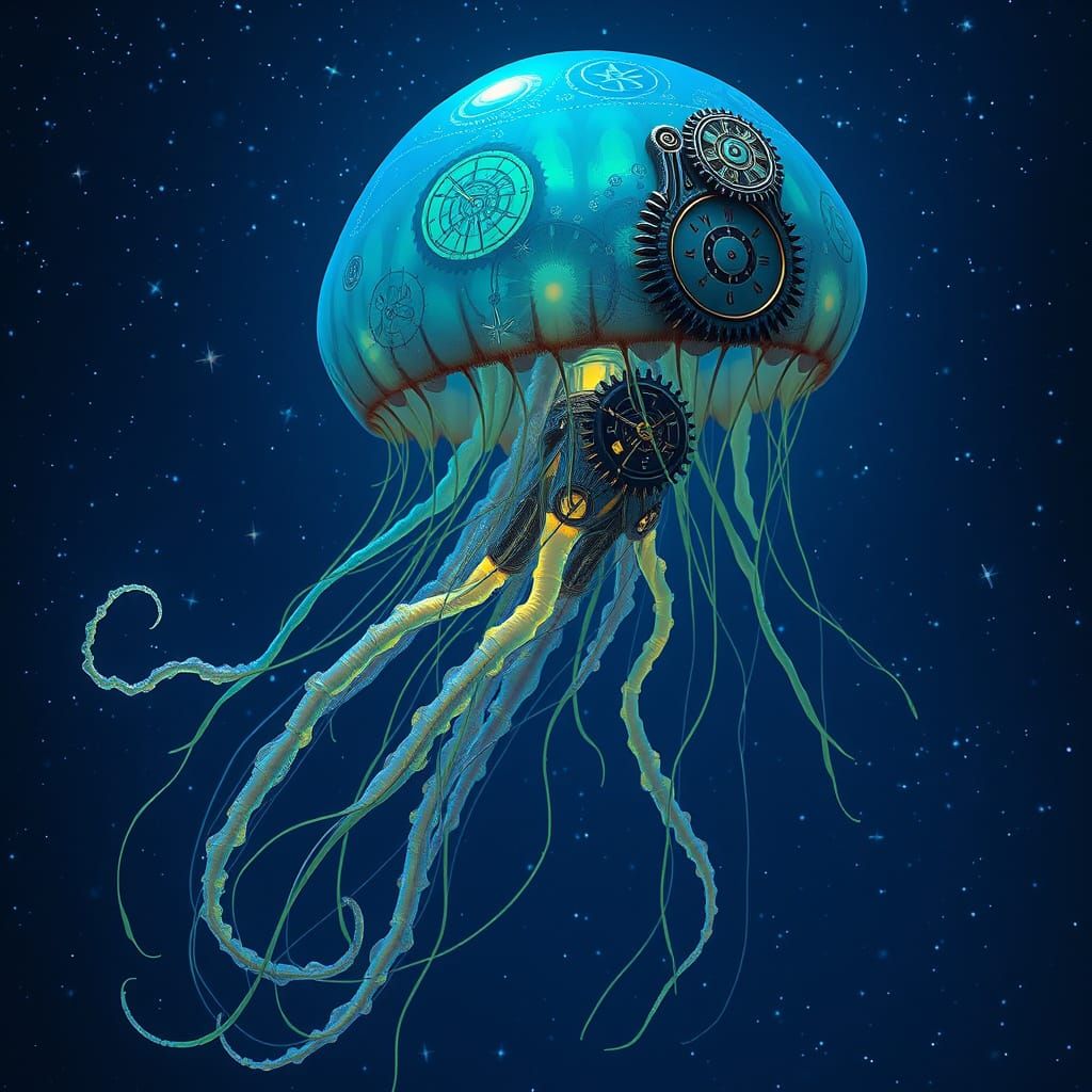 Bioluminescent Jellyfish with Clockwork Gears in Starry Abys...