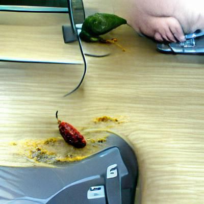 Person Eating Chili at Computer Desk