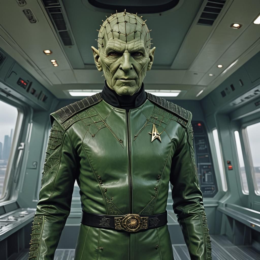 A hyperrealistic "Pinhead" from the "Hellraiser" movies with full head pins visible, starring as Star Trek Officer "Mr. ...