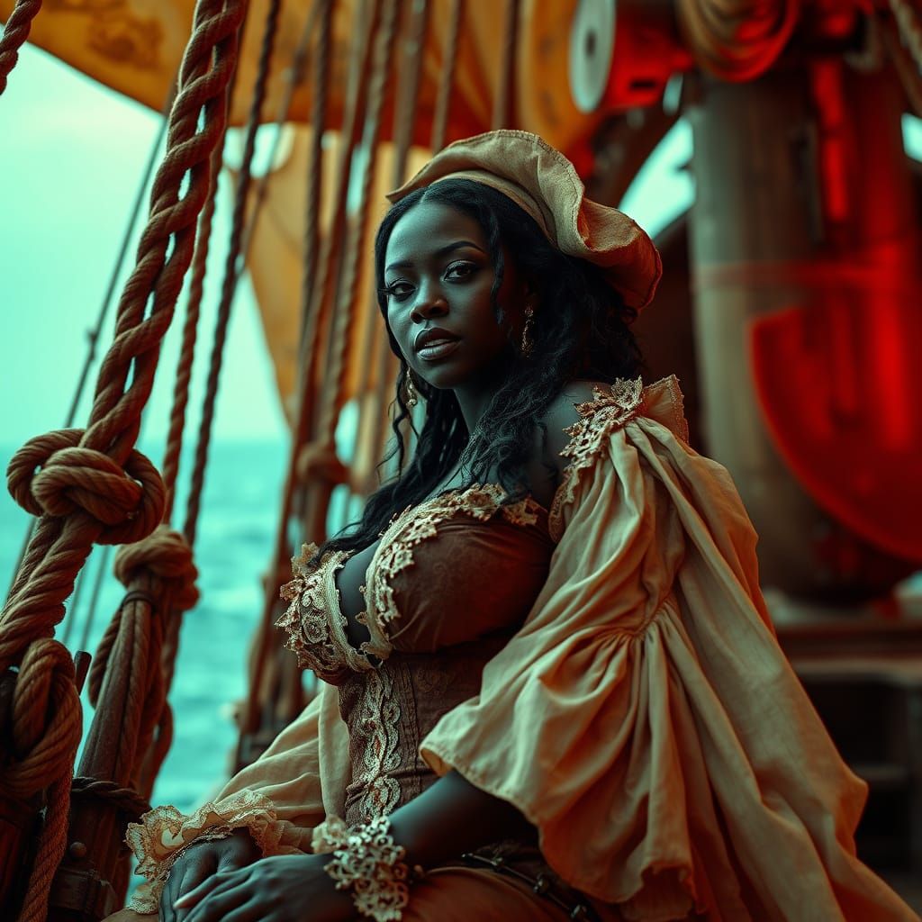 Ebony Pirate Maiden on Vintage Galleon