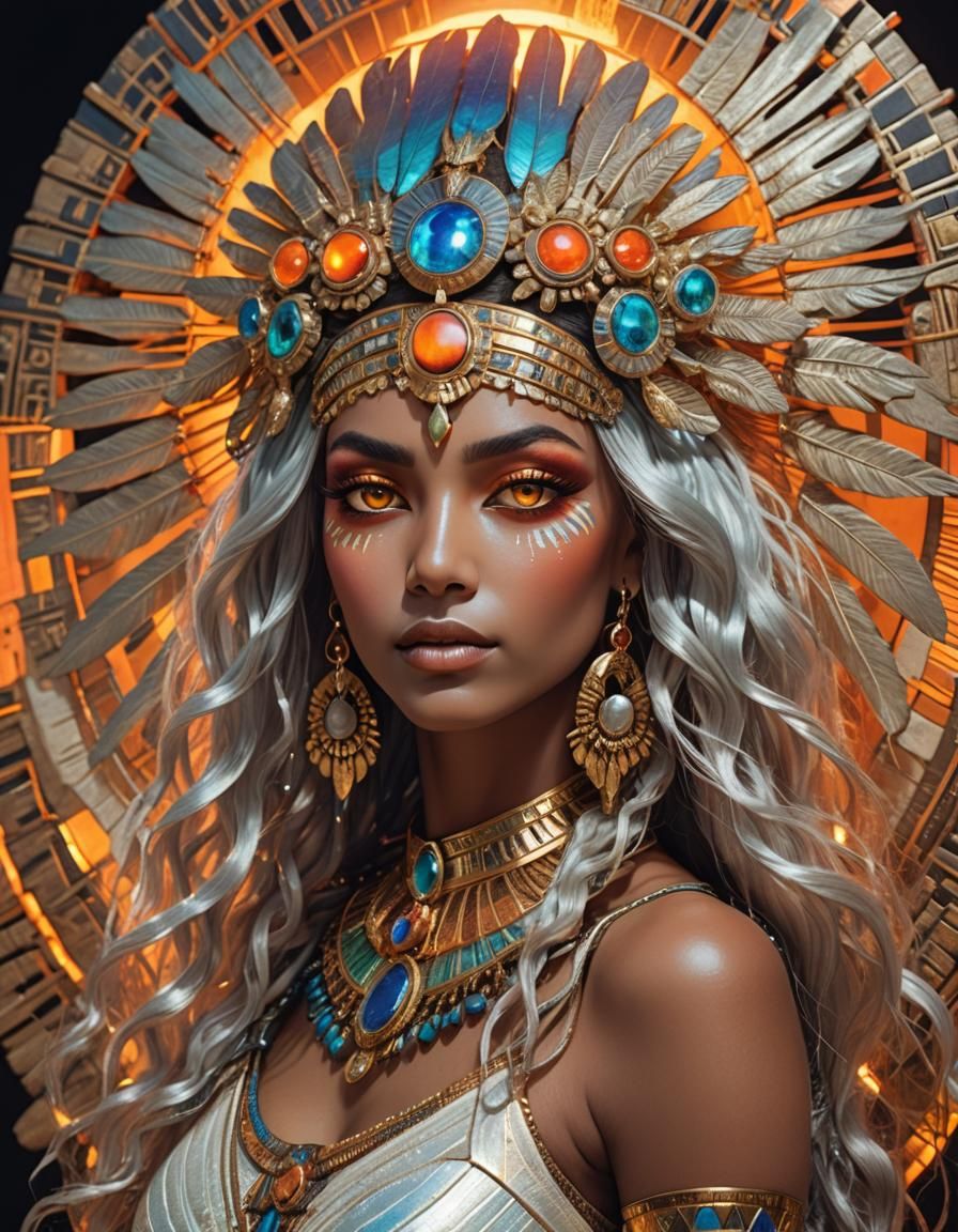 Tropical Goddess with Iridescent Hair and Jewelry