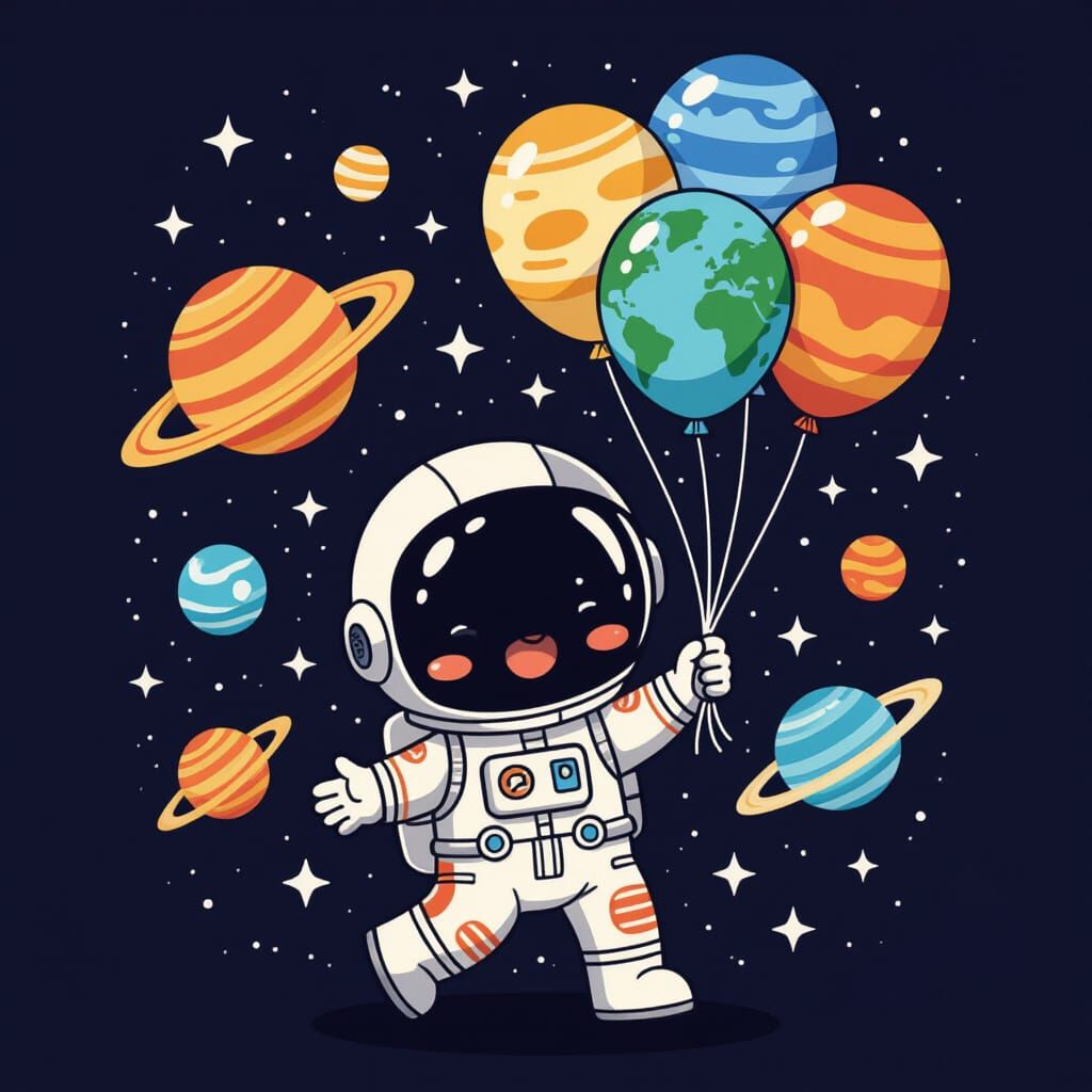 Cute Astronaut Holding Planet Balloons in Space