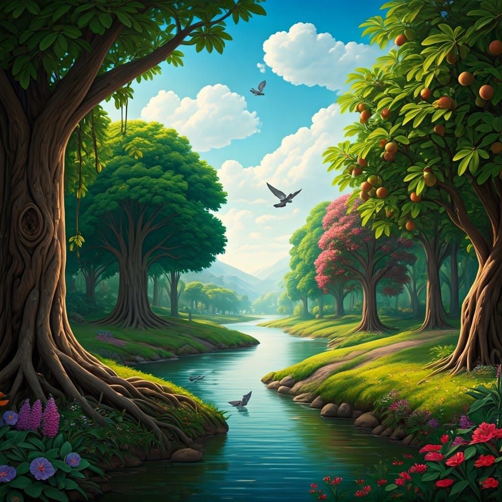Lush Garden of Eden with Four Rivers