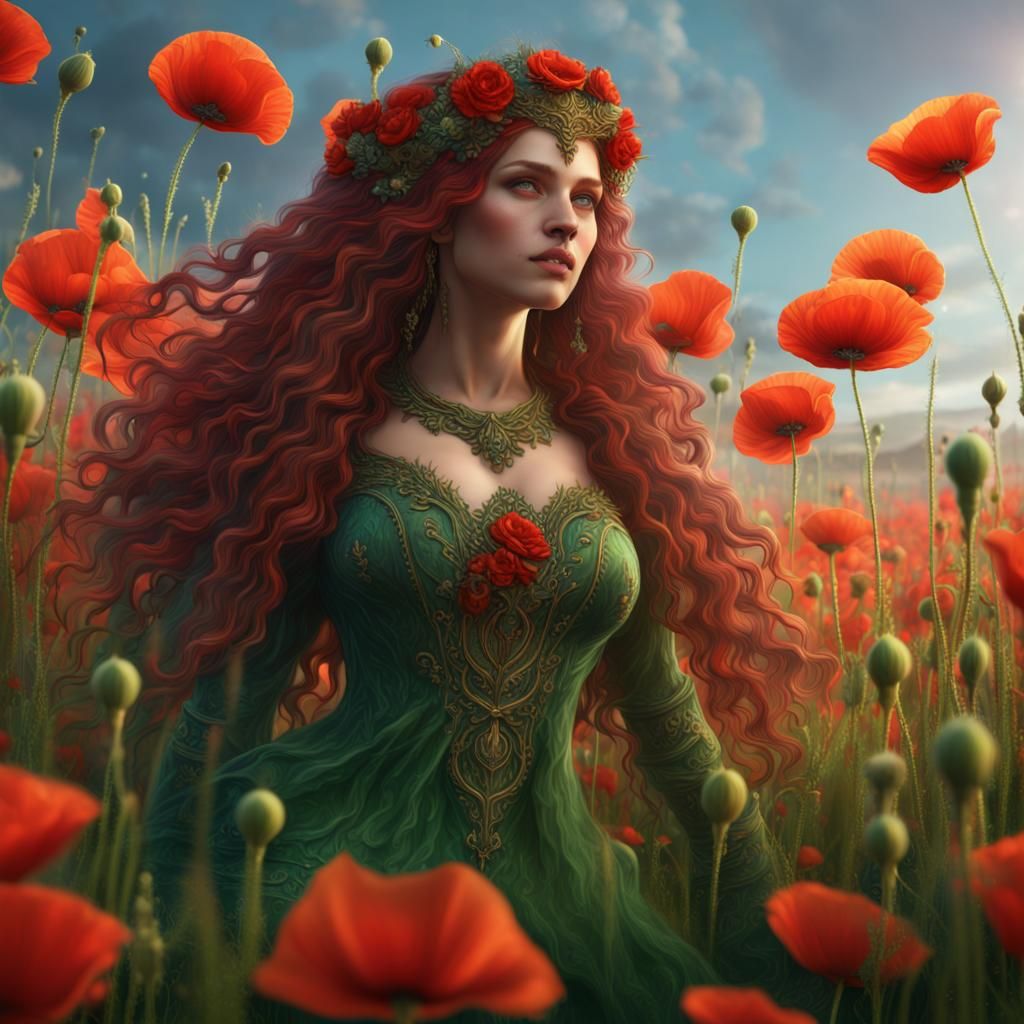 Goddess Karametra in Poppy Field: Fantasy Concept Art