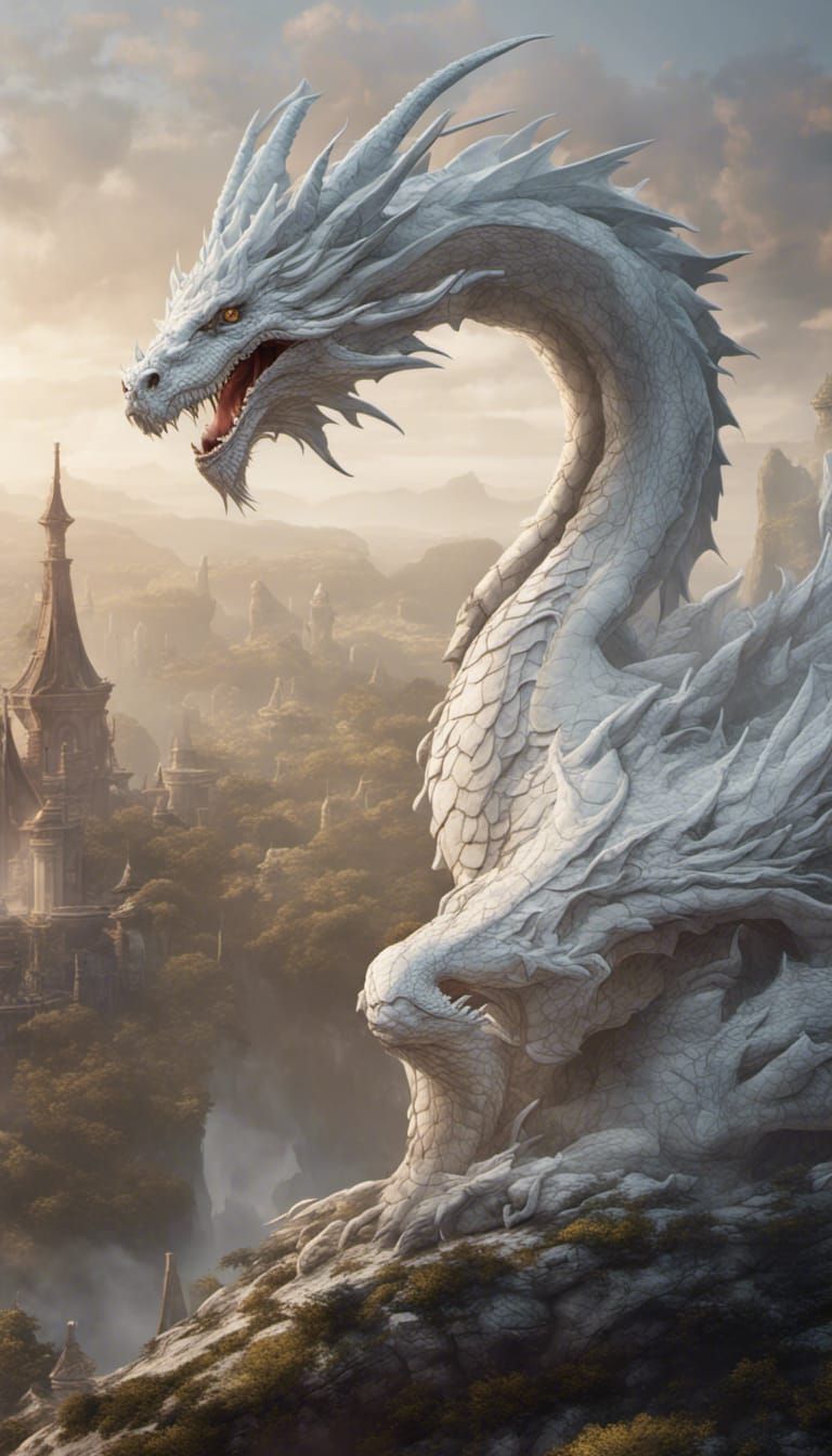 Majestic White Dragon in Detailed Matte Painting
