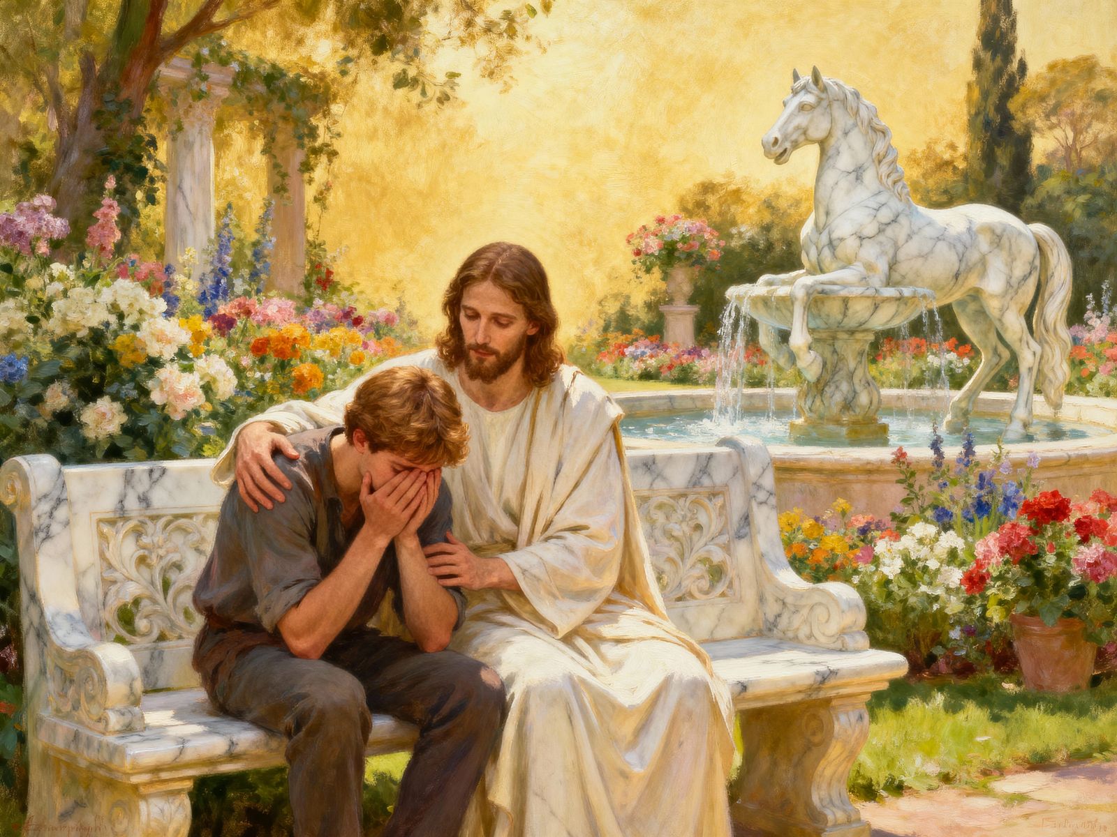 Jesus Comforts a Young Man in a Beautiful Garden
