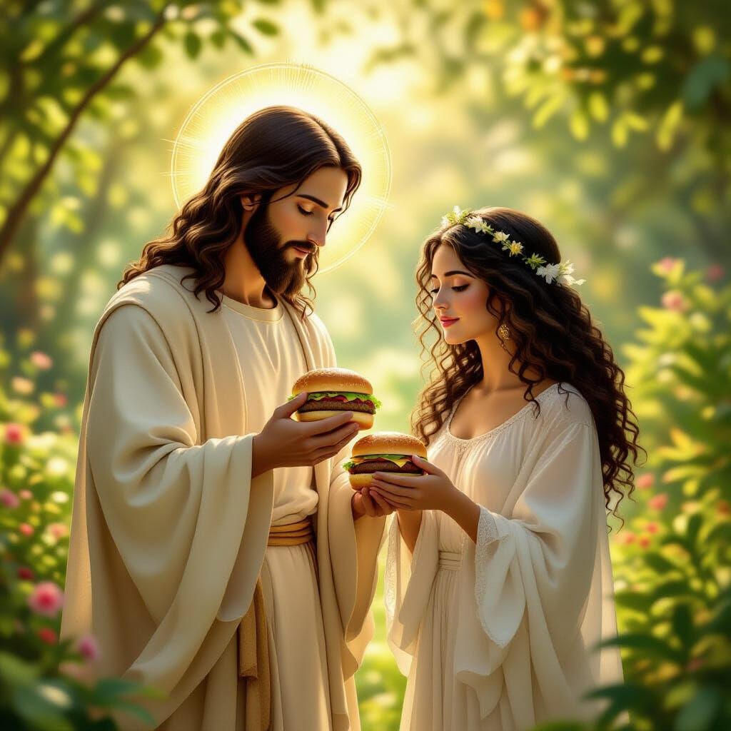 Jesus in Garden Holding Hamburger and Mary Magdalene